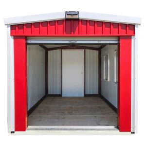 Custom Steel Backyard Storage Building with Red Siding, White Trim, a Solar Light, Windows, Roll up Door and Swing Door