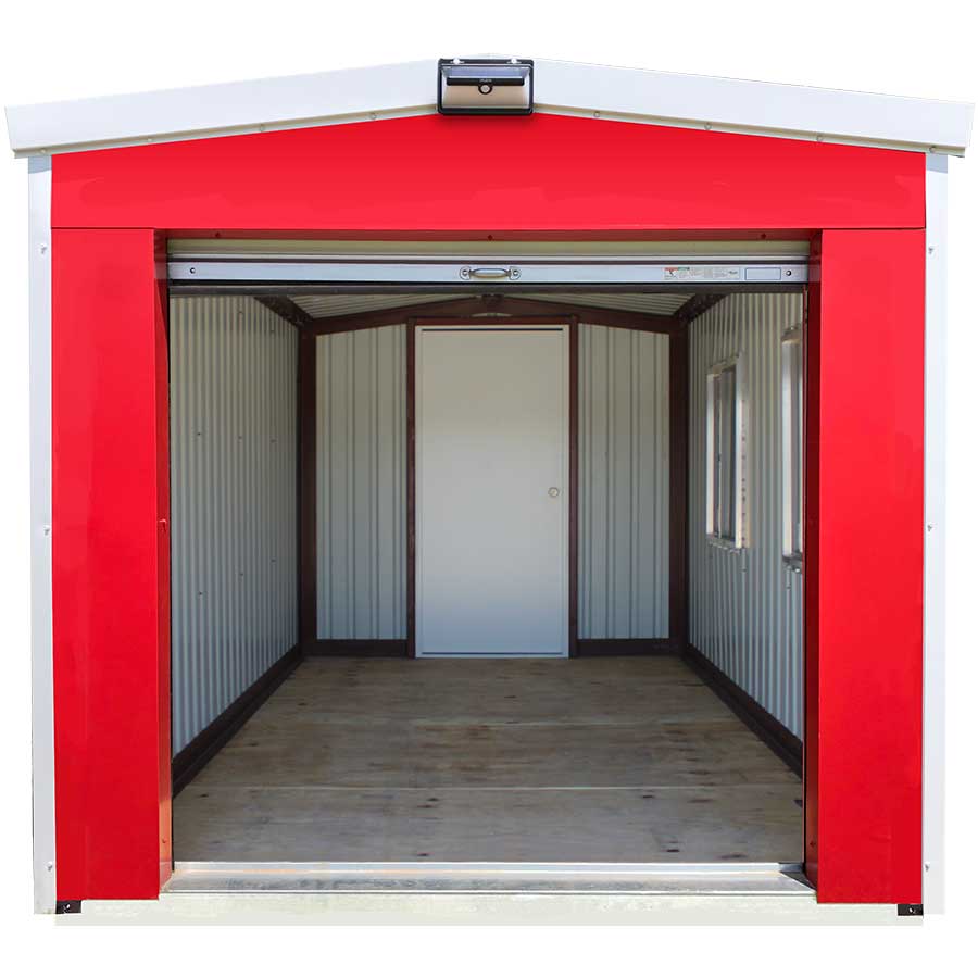Siding: Brite Red | Trim: White | Door: Additional Swing Door | Features: Solar Light, 2 Windows